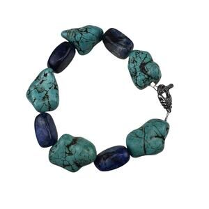 ATI China Sterling Silver Bracelet Chunky Turquoise & Sodalite Toggle Clasp 8.5"